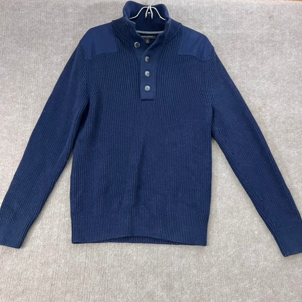 Banana Republic Men's Sweater L Navy Knit Cotton Blend Button Mock Neck Pullover